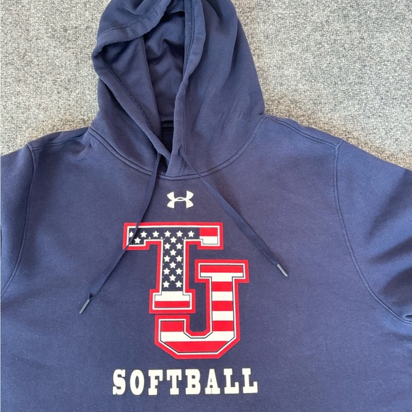 Under Armour Pullover Hoodie Fleece Men XL USA Flag Patriotic Blue Softball Texa - Picture 9 of 10